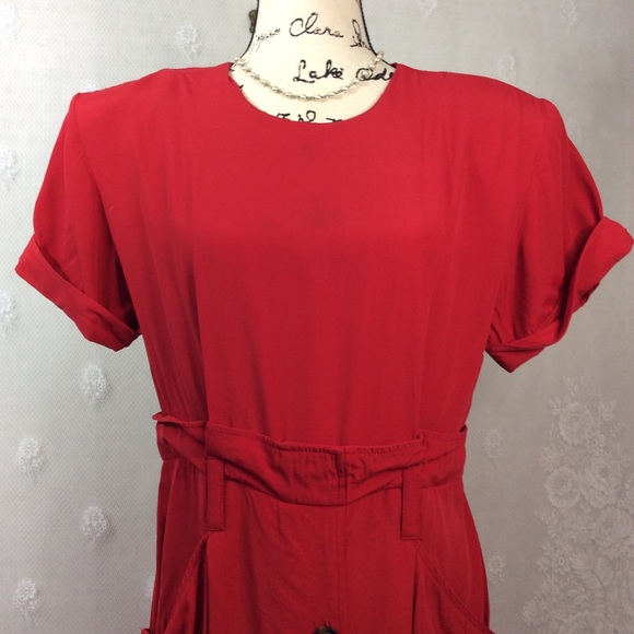 Vintage Red Mock Paper-bag Midi Sheath Dress 12 - Picture 5 of 13